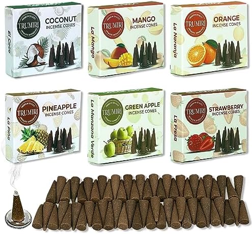 Trumiri Fruity Incense Cones - Variety Pack - Total 60 Cone Incense (6 Scents x 10 Conos) - Strawberry, Coconut, Pineapple, Apple, Mango, Orange - Cone Incense Scents - Insense Cones - Incent Cone