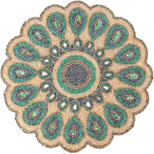 CLEENTABLE Round Beaded Placemat, 13in Glass Bead Table Mat, Green Gold
