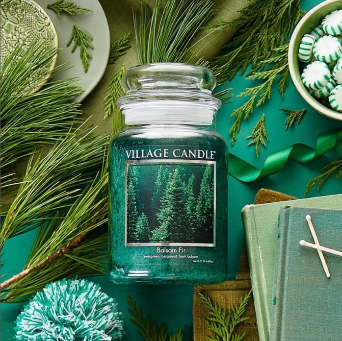 Village Candle Balsam Fir Large Apothecary Jar, Scented Candle, 21.25 oz., Green