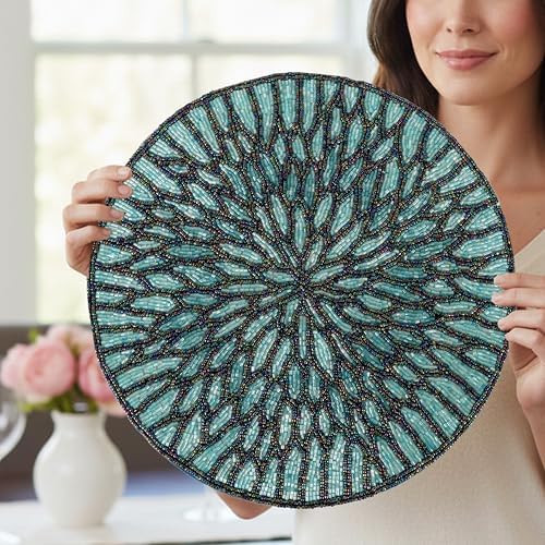ALPHA Living HOME Beaded Placemats Set of 2, 13 Inch Blue Black Round