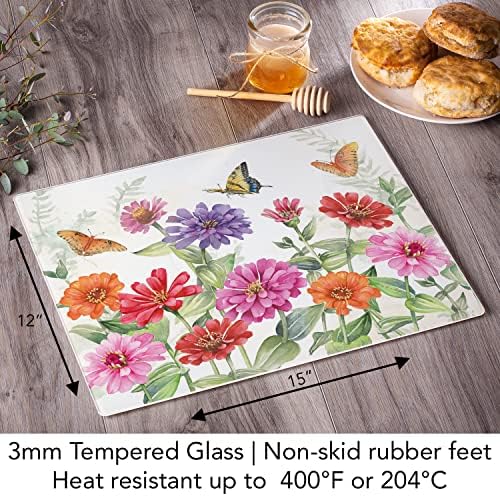 CounterArt Zinnias & Butterflies 3mm Tempered Glass Cutting Board