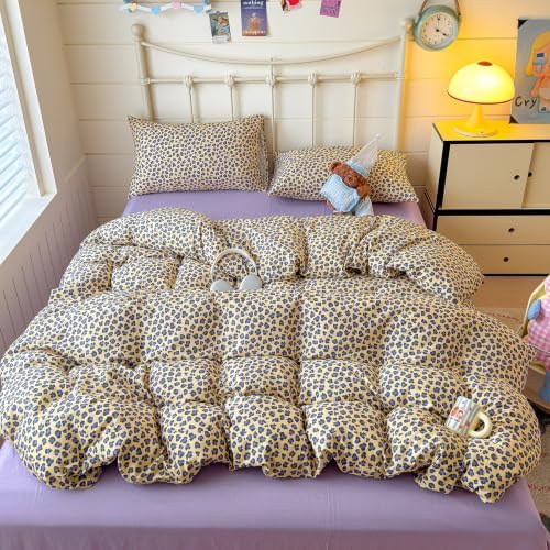 mixinni Golden Leopard Print Duvet Cover Set Queen Size, 3PCs Cute Sexy Cheetah Bedding, Soft Cotton Double Gauze Retro Aesthetic Purple‑Black Leopard Duvet Cover with 2 Pillowcases for Girls Women