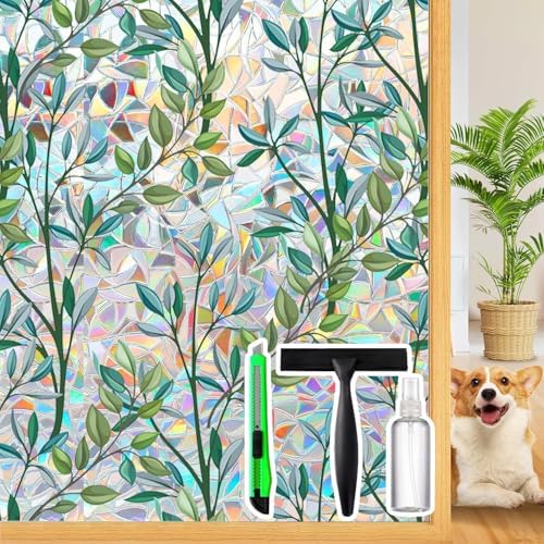 Rainbow Privacy Film with Cutting Line, 3D Decals Stained Glass Window Clings, Static Cling Window Sticker, Suncatcher, 23.6" x 78.7"