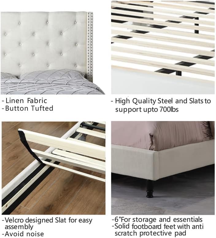 Full Upholstered Platform Bed Frame with 51" Tall Headboard - Button Tufted Cloth Bed - Wood Slat Support with Storage Space- No Box Spring Needed- Easy Assembly - Light Beige - OLIVER & SMITH - Astor