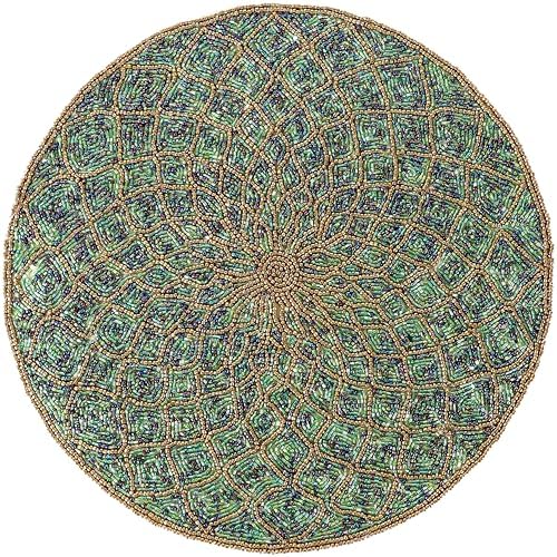 CLEENTABLE Round Beaded Placemat, Green & Gold