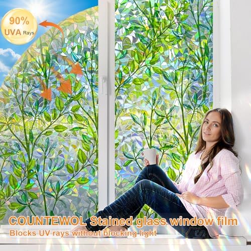 Countewol Privacy Window Films Stain Glass Cling No Glue Anti-UV Window Sticker for Bathroom Bedroom Living Room(Leaf Rainbow 157.4" L*17.5" W)