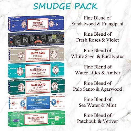 Satya Incense Sticks Gift Set, 7 Scents, Nag Champa, Super Hit, Dragon's Blood, Sandalwood, Patchouli, Lavender, Positive Vibes, 15g Each (Smudge)