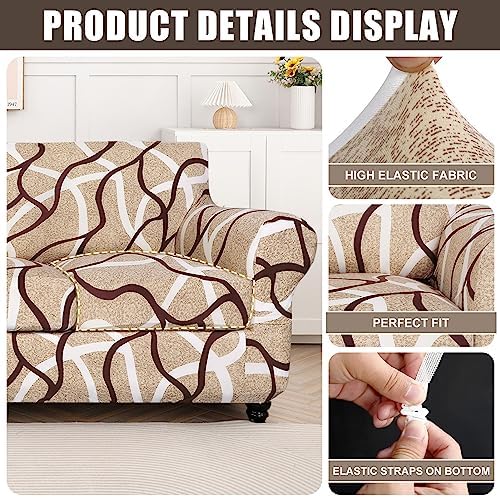 SearchI Stretch Sofa Cover Printed Couch Cover, Floral Pattern 4 Pieces Sofa Slipcover with 3 Separate Cushion Cover, Washable Furniture Protector for Living Room(Sofa, Khaki)