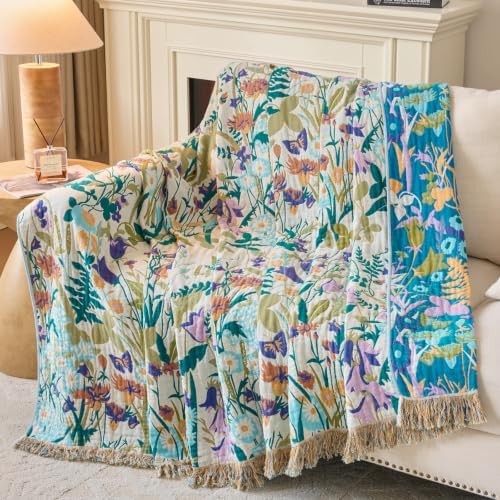 Boho Throw Blanket, 100% Soft Cotton Floral Quilt, Twin 60"x 80"
