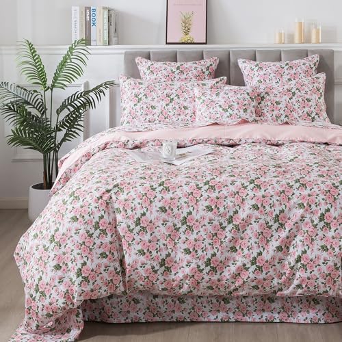 FADFAY Duvet Cover Set Full Pink Rose Floral Bedding Vintage Peony Flower Quilt Cover Set Shabby Farmhouse Bedding 100% Cotton Ultra Soft Comforter Cover with Hidden Zipper Closure 3Pcs, Full Size