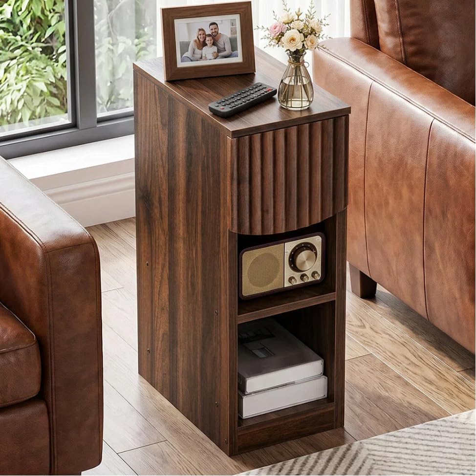CHOEZON Narrow Fluted Nightstand, Slim Nightstand with Drawer and Open Shelves, 7.9" Skinny Side Table, Bedside Table for Small Spaces, Floating End Table for Bedroom, Living Room, Walnut MBZ18HT