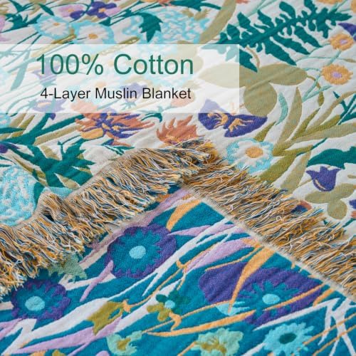 Boho Throw Blanket, 100% Soft Cotton Floral Quilt, Twin 60"x 80"