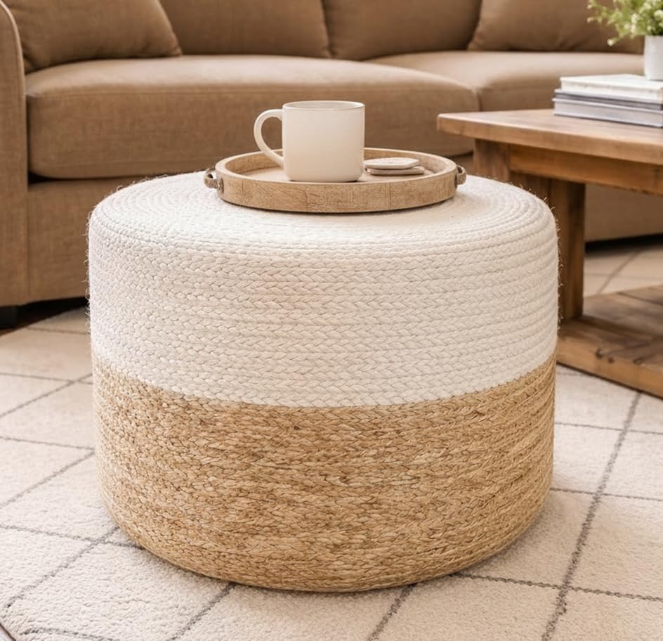 Pouf Ottoman 100% Jute Pouffe Natural Ivory (18"x18"x12")