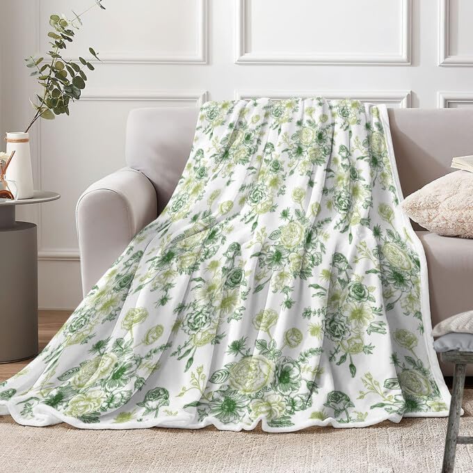 Green Floral Throw Blanket, Botanical Floral Blanket, Soft, Flannel, Warm, Boho Floral Bed Blanket All Season Floral Throw Blanket for Couch Bedroom Living Room 60X80 Inch