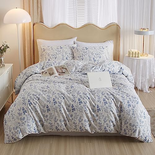 HighBuy 3 Pieces Duvet Cover King Size White Bedding Duvet Cover with Blue Floral Print,Coquette Bedding Soft Cotton Comforter Cover Boho Style,Aesthetic King Bedding Set with Zipper Closure 4 Ties