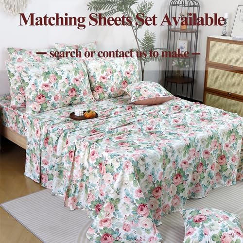 FADFAY Duvet Cover Set Queen Pink Rose Floral Bedding French Country Peony Flower Quilt Cover Set Vintage Farmhouse Bedding 100% Cotton Comforter Cover with Hidden Zipper Closure 3Pcs, Queen Size