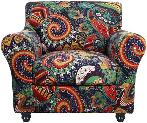SearchI Stretch Sofa Cover Printed Couch Covers, Floral Pattern 2 Piece Armchair Slipcover with Separate Chair Cushion Cover, Washable Furniture Protector for Living Room(Armchair, Paisley Pattern)