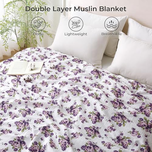 Muslin Blankets for Adults Reversible Throw Fleece & Gauze, Soft Cozy Lightweight Breathable Floral Blanket for Bed Couch, Double Layer Muslin Purple Rose Throw Cover 50"x70"