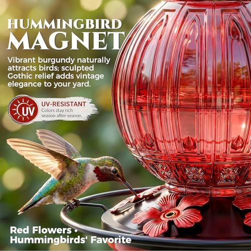 2 Pack Glass Hummingbird Feeder for Outdoors Hanging, Bird Nectar Feeder with Perch & 5 Flower Feeding Ports, 26 Oz Leak Proof for Outside Garden Decor Backyard, Gifts for Women Mom, Red + Blue