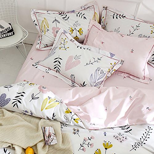 BuLuTu Floral Love Print Girls Duvet Cover Full White/Pink Cotton Premium Blossom Kawaii Reversible Kids Bedroom Comforter Cover Queen Duvet Cover for Toddler,Teen,Lightweight,Zipper Closure