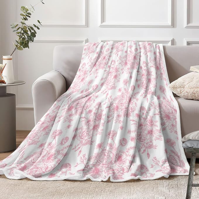 Floral Throw Blanket, Botanical Floral Blanket, Soft, Flannel, Warm, Boho Floral Bed Blanket All Season Flower Throw Blanket for Couch Bedroom Living Room, Pink 60X90 Inch