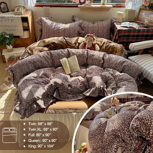 Vintage Ruffled Duvet Cover Queen Size 3 Pcs Set,90"×90" Bedding