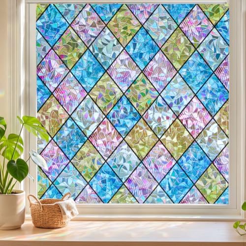 Sunbaby Stained Glass Winodw Film, Rainbow Lattice Stickers, 17.5" x 78.7"
