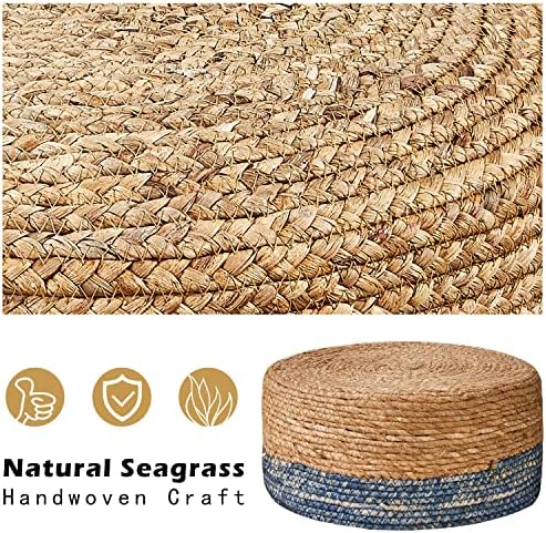 Cpintltr Foot Stool Natural Seagrass Hand Weave Poufs Round Ottoman for Couch Desk Soft Step Stool Padded Foot Rest with Non-Skid Pine Legs for Hallway Office Lounge Natural/Blue