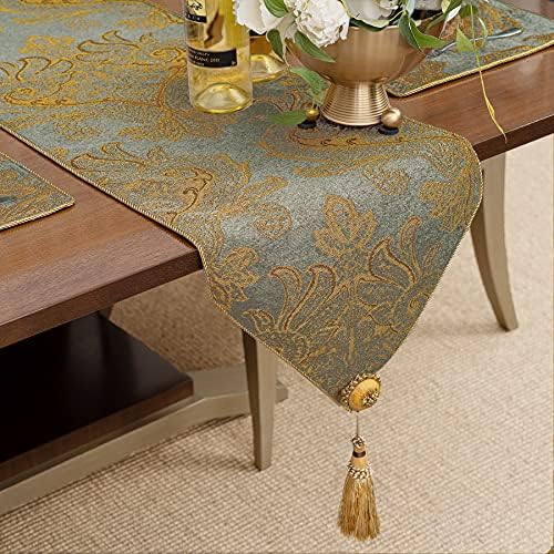 Loom and Mill Luxury Chenille Damask Table Runner 90 inches Long, Blue Gold