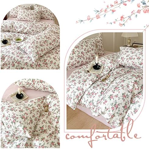 Pink Floral Duvet Cover Queen Soft Cotton Girls Cottagecore Bedding Set Botanical Peach Flower Comforter Cover with Zipper Closure Vintage Country Bedding Aesthetic Duvet Cover with 2 Pillowcases