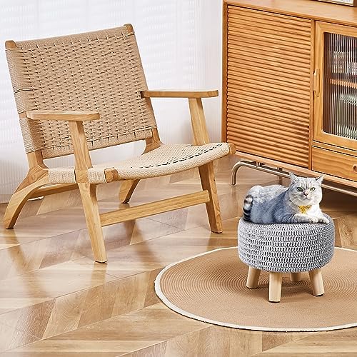 13" Round Handmade Cotton Knitted Boho Small Ottoman with Non-Skid Wood Leg
