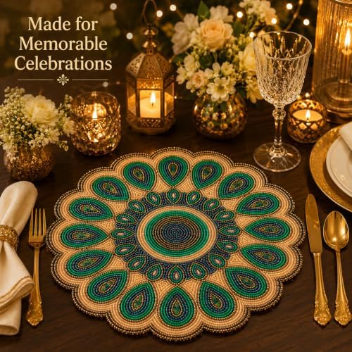 ALPHA Living HOME 13 Inch Round Beaded Placemat, Green Gold Table Decor Mat