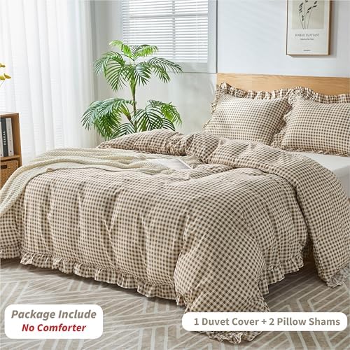 Gingham Duvet Cover King Size, 3 Pieces Soft Breathable Microfiber Plaid Duvet Cover with Zipper Closure & 2 Pillow Shams, Ruffle Farmhouse Vintage Decor, Taupe