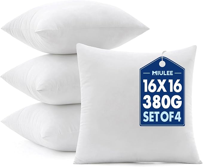 MIULEE 16x16 Pillow Inserts 4 Pack, 100% Virgin Fiber Filling Throw Pillows | by MIULEE