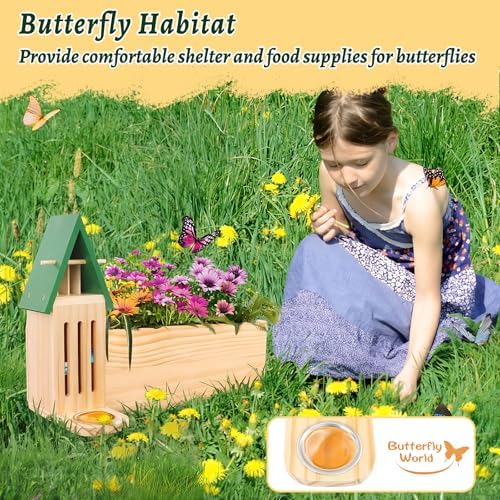 Butterfly House & Feeder with Flower Pot, 3-in-1 Wooden Butterfly House