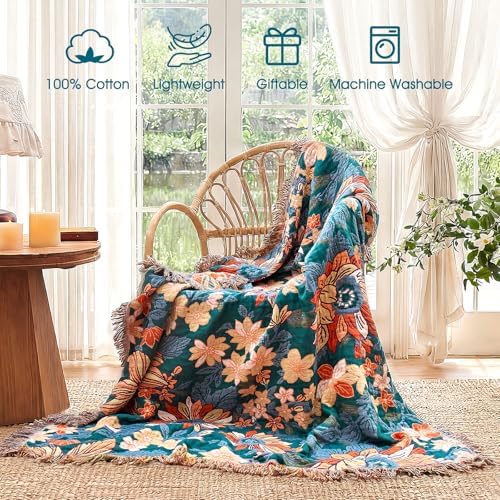 Boho Throw Blanket - 90"x90" Lightweight Cotton Throws for Bed Adult