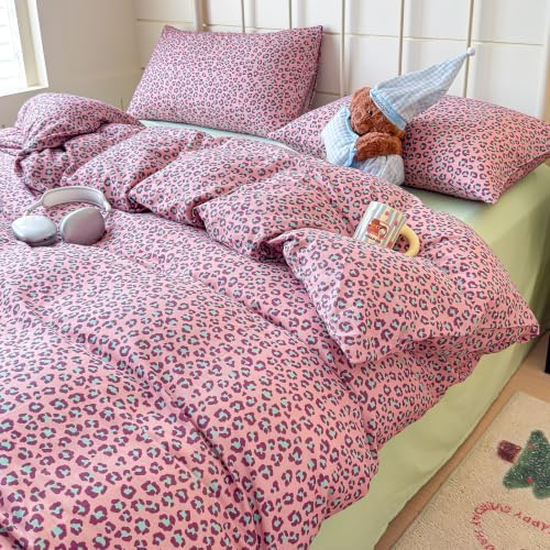 mixinni Hot Pink Leopard Print Duvet Cover Set Twin XL Size, 3PCS Cute Cheetah Animal Bedding, 100% Cotton Double Gauze Soft Aesthetic Retro Sweet‑Cool Bedding Set with 2 Pillowcases for Girls Women