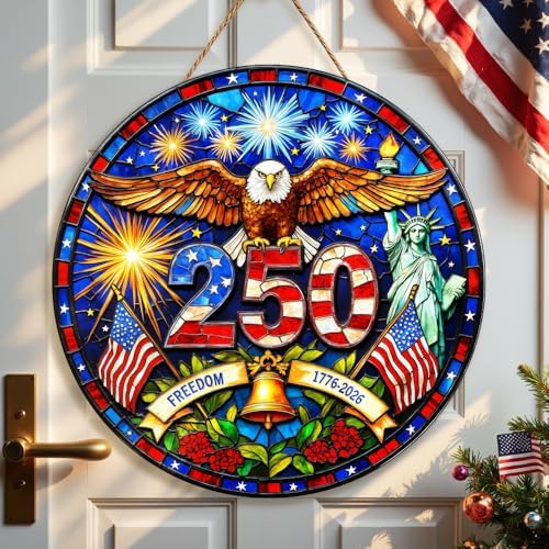ArogGeld Personalized 250 Anniversary USA Merchandise 4th Of July Patriotic America Eagle Wreath Hanging Door Sign 250th Anniversary 1776-2026 Red Blue White Decor Door Hanger Wooden Wall Sign 8in