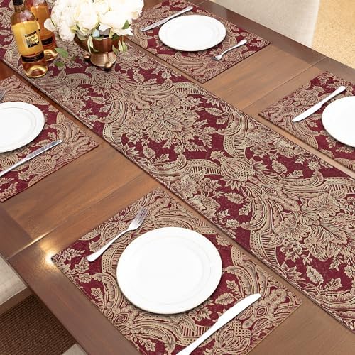 Loom and Mill Luxury Damask Table Runner 72 Inches Long, Wine Red
