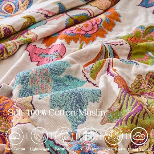 XIBLC Boho Throw Blanket 100% Cotton Vintage Blanket Muslin Woven Flower Decorative Throw Blankets All Season Bohemian Rustic Farmhouse Decor Quilt for Bed (Beige 90"x98")
