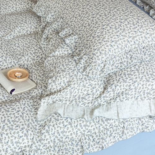 BuLuTu Blue Floral Print Duvet Cover King Size, Elegant Ruffles Bedding Set 3 Pieces, 100% Cotton Muslin Comforter Cover with 2 Pillowcases Soft Lightweight King Bed Set, Machine Wash