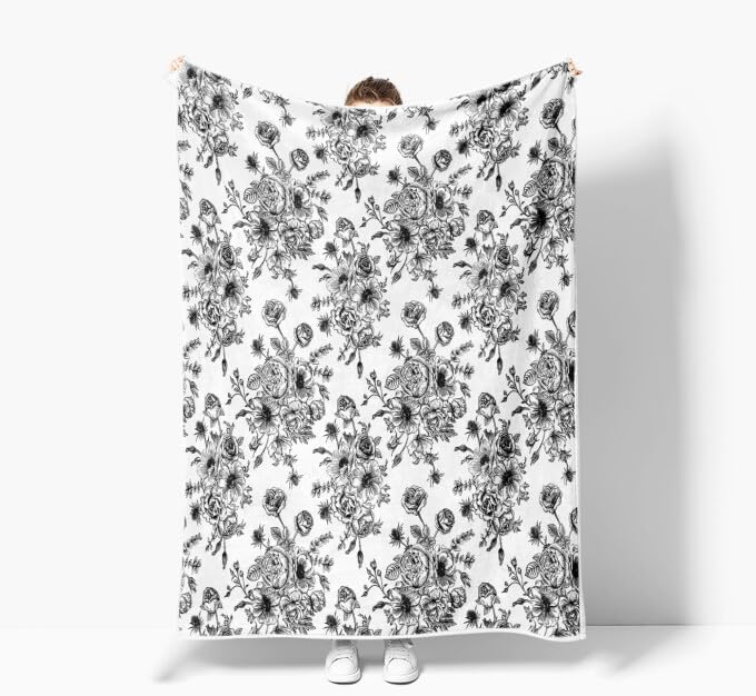 Floral Throw Blanket, Botanical Floral Blanket, Soft, Flannel, Warm, Boho Floral Bed Blanket All Season Flower Throw Blanket for Couch Bedroom Living Room, Black 50X70 Inch