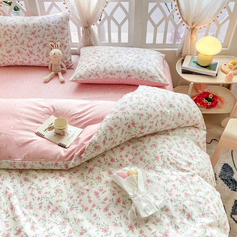 Pink Flower Duvet Cover Set 100% Cotton Queen(90"x90"),Pink White