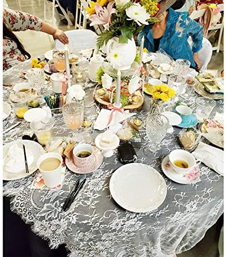 Fowecelt 5 Pack White Lace Tablecloth 60 × 120 Inch for Rustic Boho Wedding Bridal Shower Party Decoration, Classy Rectangle Overlay Long Vintage Embroidered Reception Table Cloth Decor