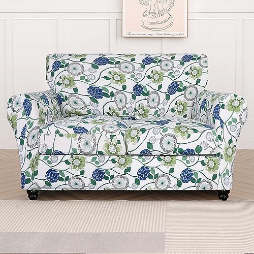 SearchI Stretch Sofa Cover Printed Couch Cover, Floral Pattern 3 Pieces Loveseat Slipcover with 2 Separate Cushion Cover, Washable Furniture Protector for Living Room(Loveseat, Green Flowers)