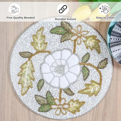 Beaded Round Placemat 13 Inch,Gold Ivory Multi Floral Leaf Design Table Mat