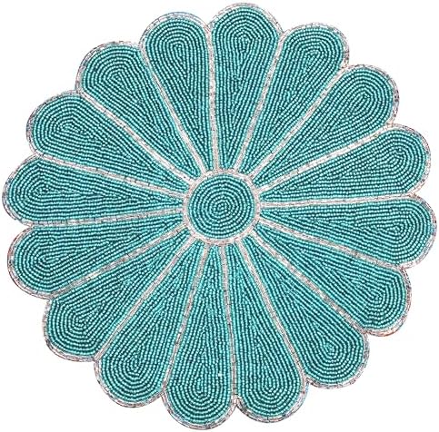 ALPHA Living HOME Beaded Placemats 13 Inch, Teal Silver Round Single Pack