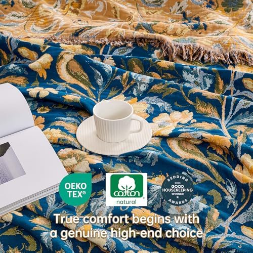 VANJOROY Boho Throw Blanket, 100% Organic Cotton Breathable Ultra Soft 80" x 90" Bed Quilt Throw - All Season Floral Rustic Farmhouse Decor Luxury Reversible Blanket for Sofa Couch Chair and Gift