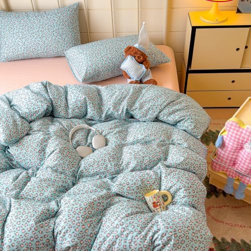 mixinni Blue Pink Leopard Print Duvet Cover Set King Size, 3 Pcs Cute Retro Cheetah Bedding, 100% Cotton Double Gauze Soft Aesthetic Leopard Duvet Cover with 2 Pillowcases for Girls Teens Women