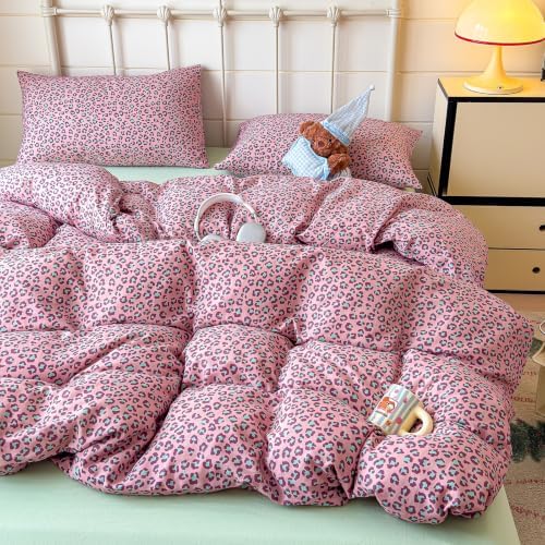 mixinni Hot Pink Leopard Print Duvet Cover Set Twin XL Size, 3PCS Cute Cheetah Animal Bedding, 100% Cotton Double Gauze Soft Aesthetic Retro Sweet‑Cool Bedding Set with 2 Pillowcases for Girls Women